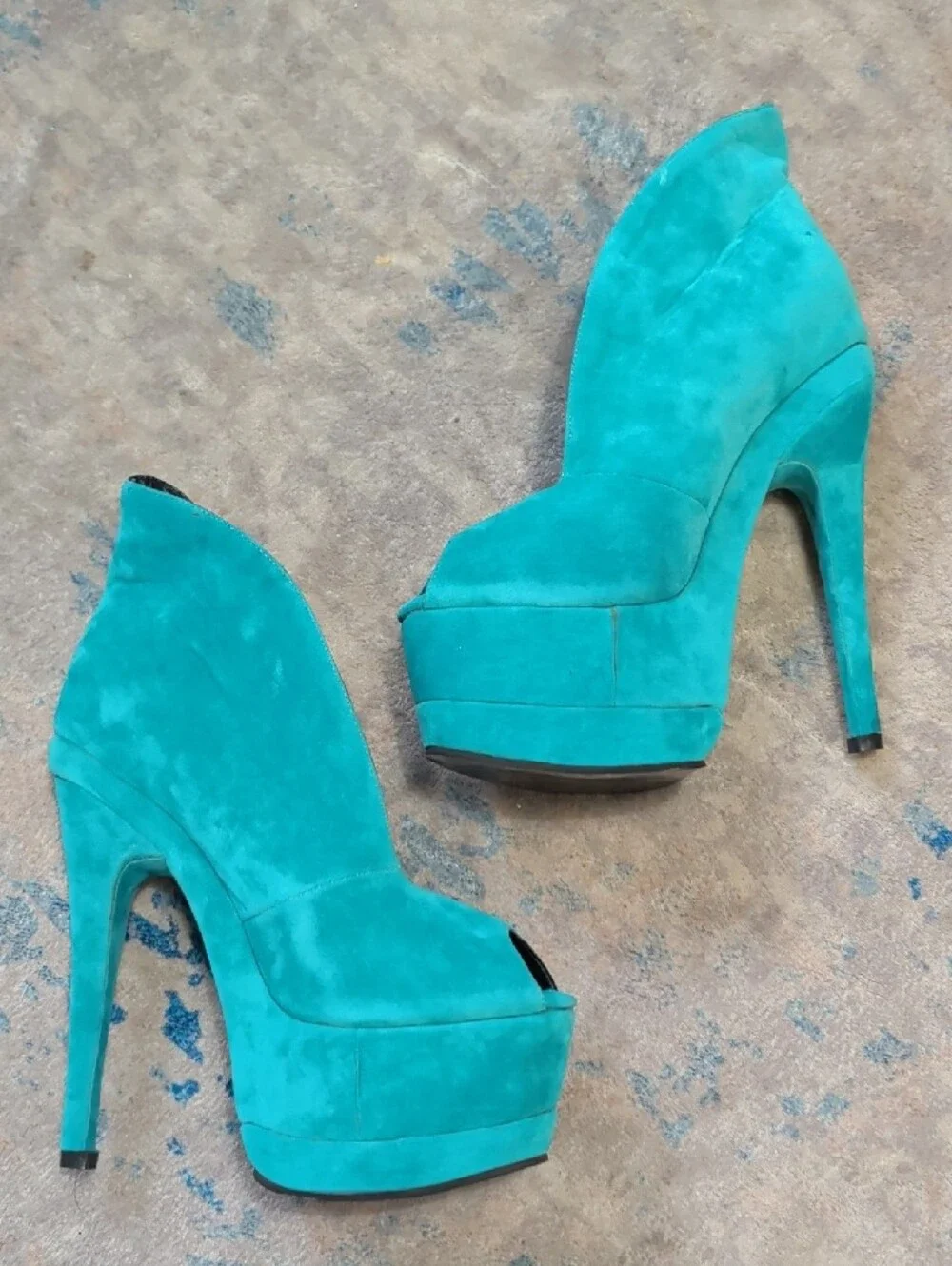 Teal Vegan Suede Keyhole Stiletto Heel Platform Pumps for Women's 6